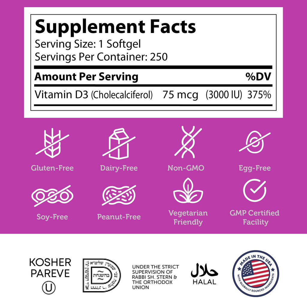 Zahler Vitamin D3 3000IU – Kosher Certified, 250 Softgels