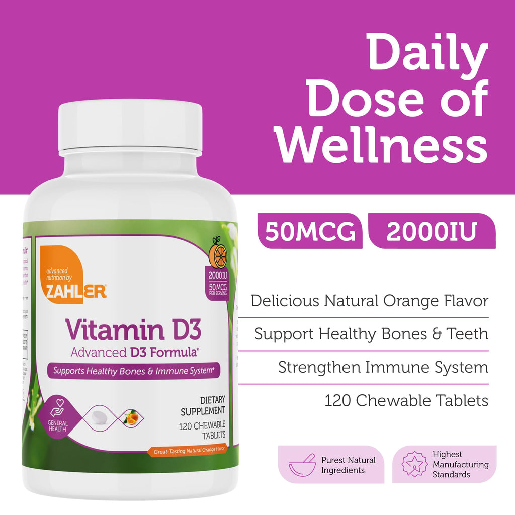 Zahler Vitamin D3 Chewable 2000IU - Kosher Orange Flavor, 120 Tablets