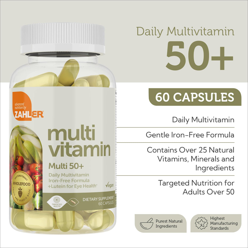 Zahler Multivitamin 50+ Iron-Free Formula with Lutein – Eye Health, 60 Capsules