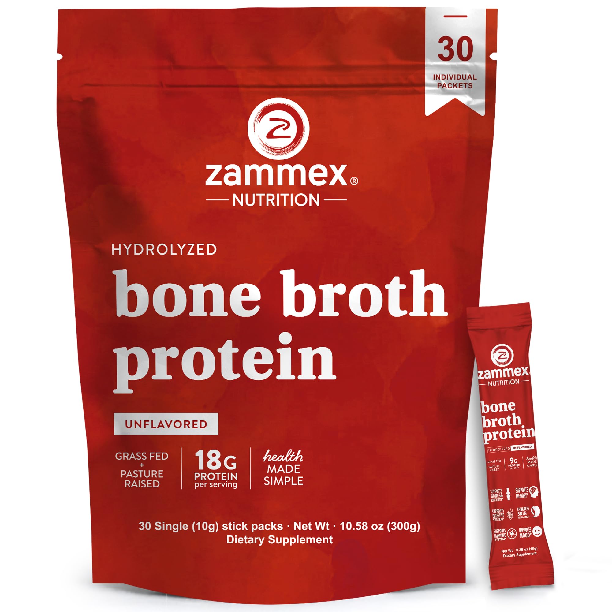 Zammex Bone Broth Packets – 20g Collagen Protein, 30 Travel Sticks, Gluten-Free, Keto & Paleo (15 Servings)