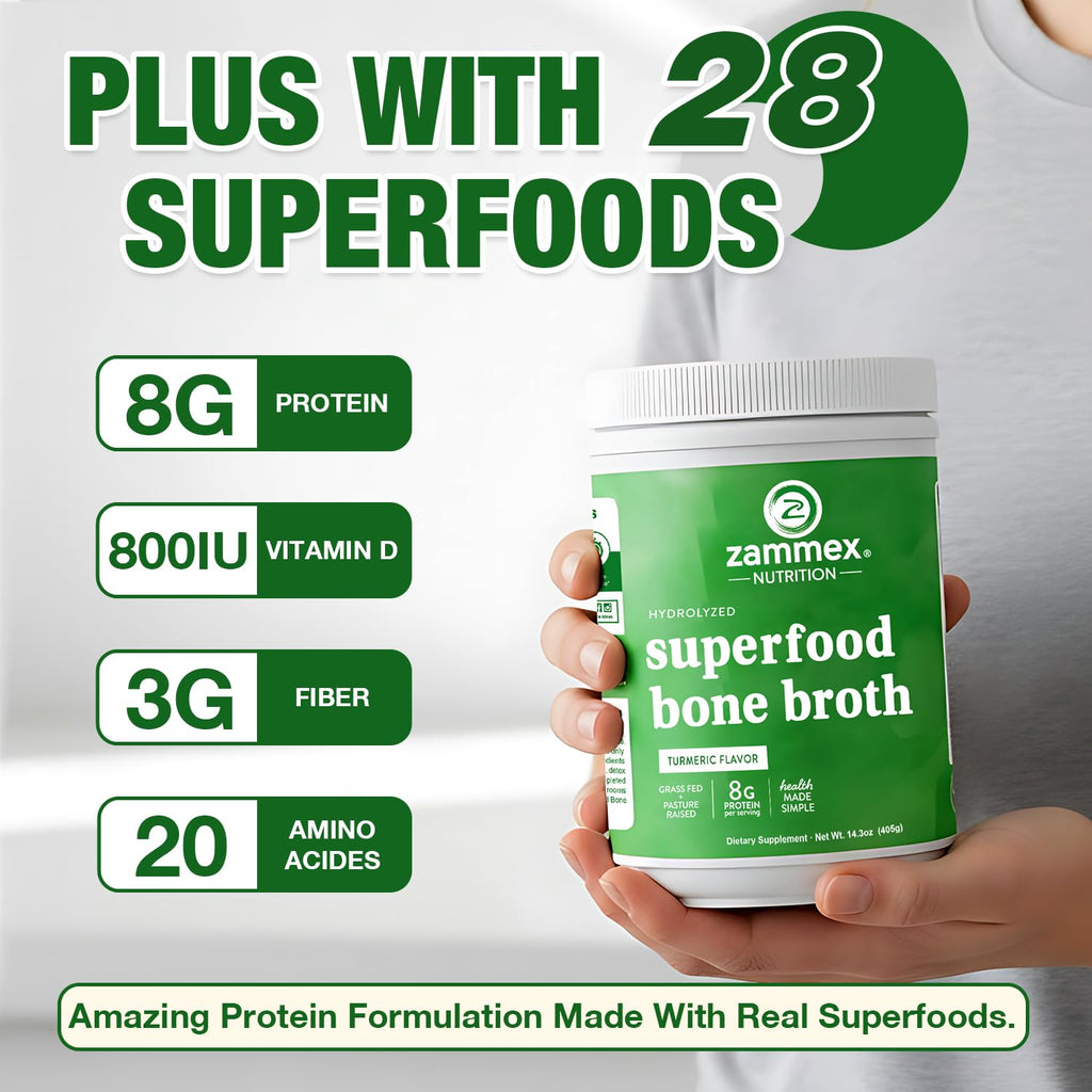 Zammex Bone Broth Plus Turmeric Protein Powder - 8g Hydrolyzed Protein, Non-GMO, 30 Servings