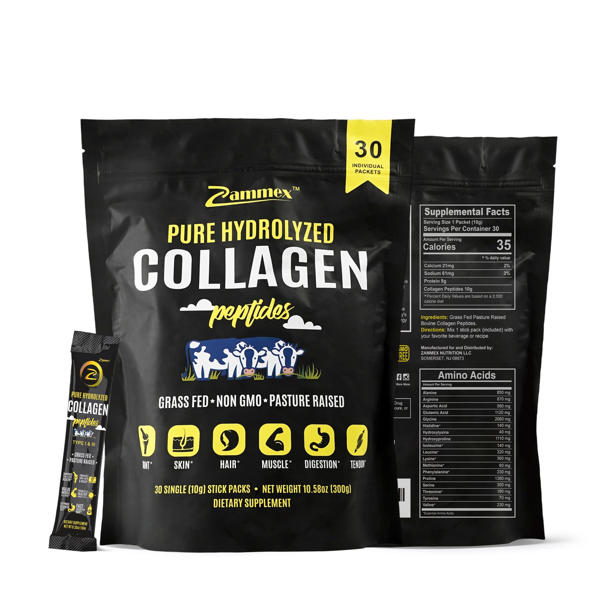 Zammex Premium Collagen Peptides Powder - 30 Travel Packets (Type I & III)