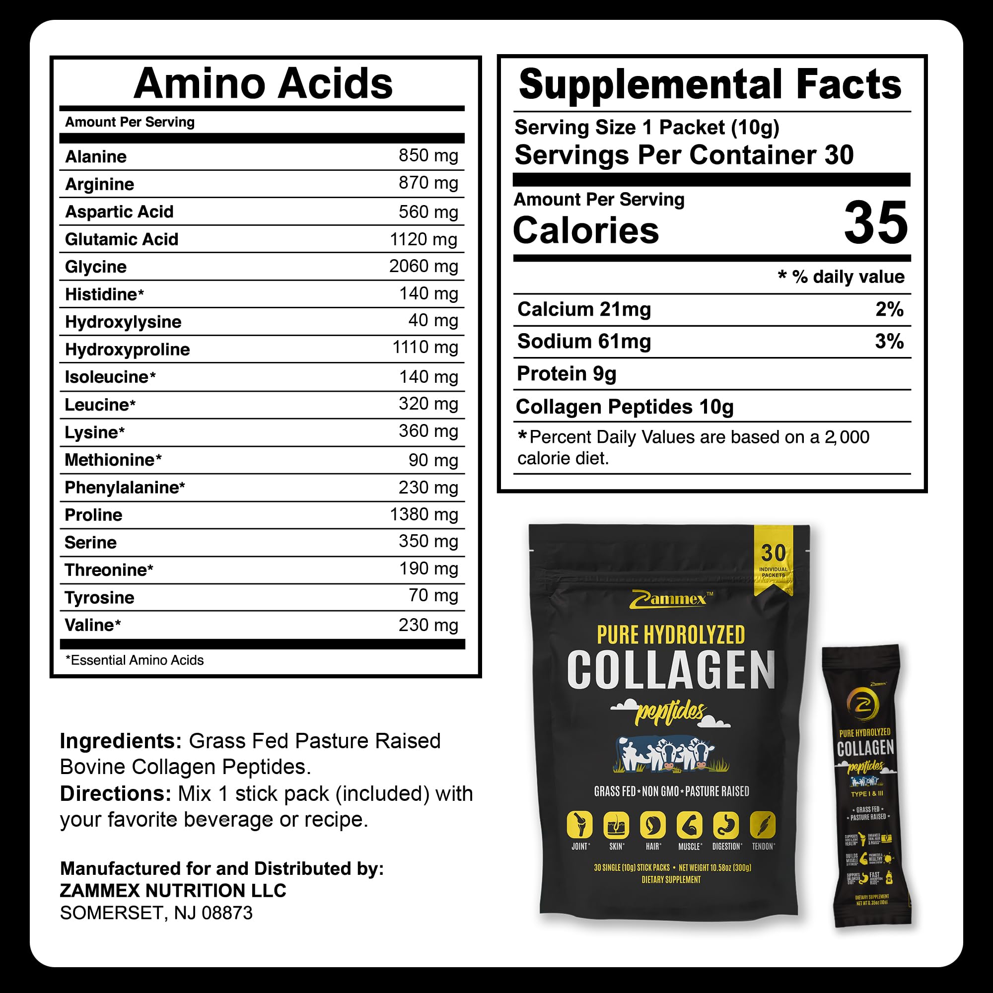 Zammex Premium Collagen Peptides Powder - 30 Travel Packets (Type I & III)