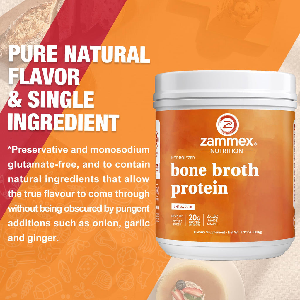 Zammex Pure Grass-Fed Beef Bone Broth Protein Powder – 20g Protein, Collagen, Non-GMO, Gluten Free