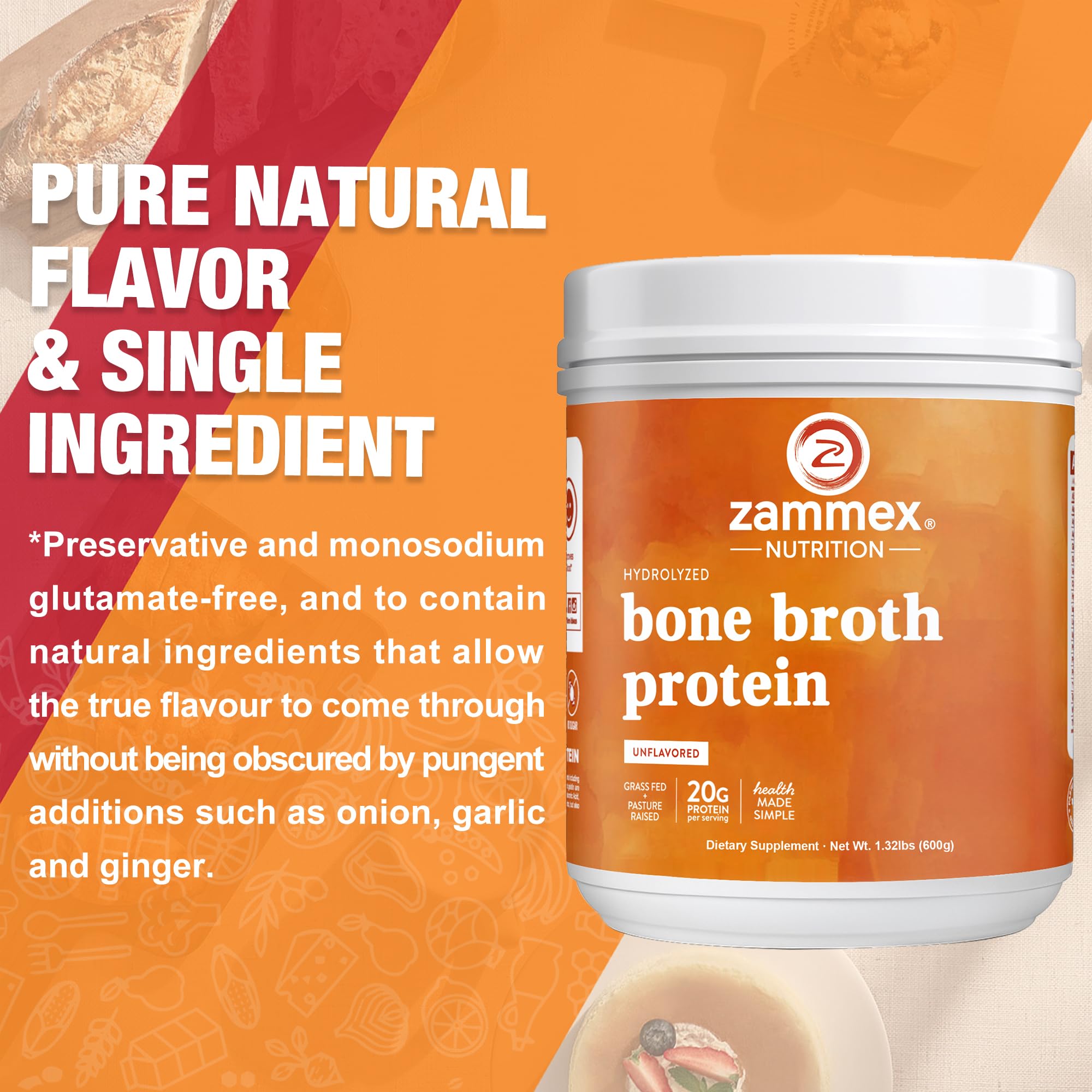 Zammex Pure Grass-Fed Beef Bone Broth Protein Powder – 20g Protein, Collagen, Non-GMO, Gluten Free
