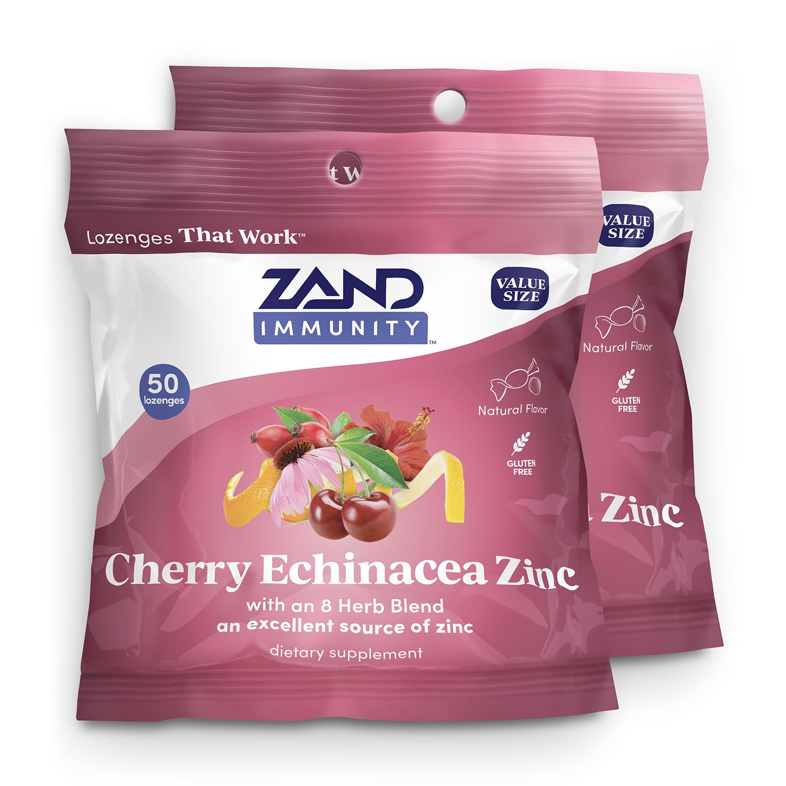 ZAND Immunity Cherry Echinacea Zinc Throat Lozenges 2 Pack - Immune Support, Zinc 5mg - Gluten Free, 50ct