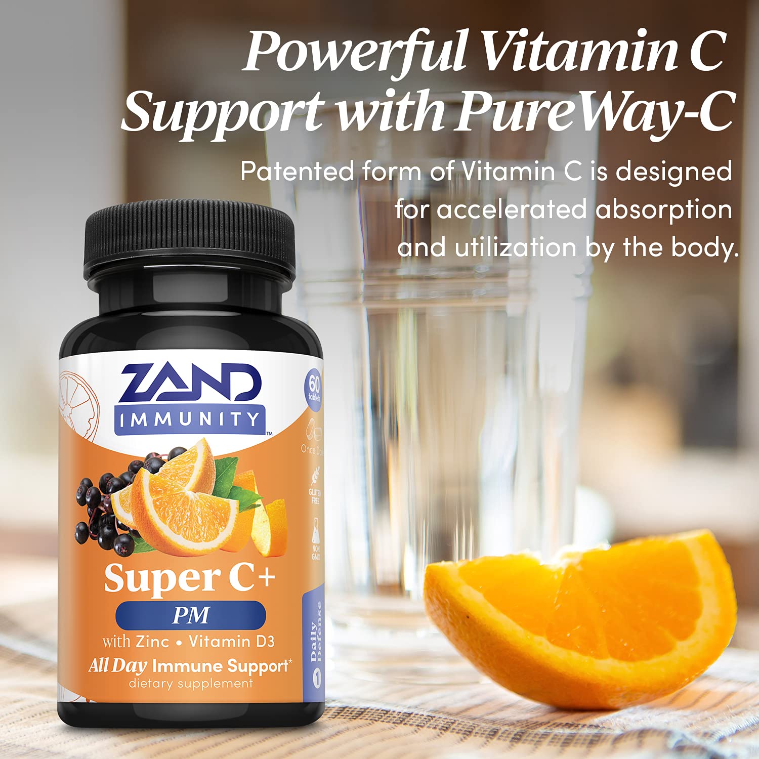 Zand Immunity Super C+ PM – Nighttime Immune Support with Melatonin, 1000mg PureWay-C, Zinc, D3 & Elderberry | 60 Tablets