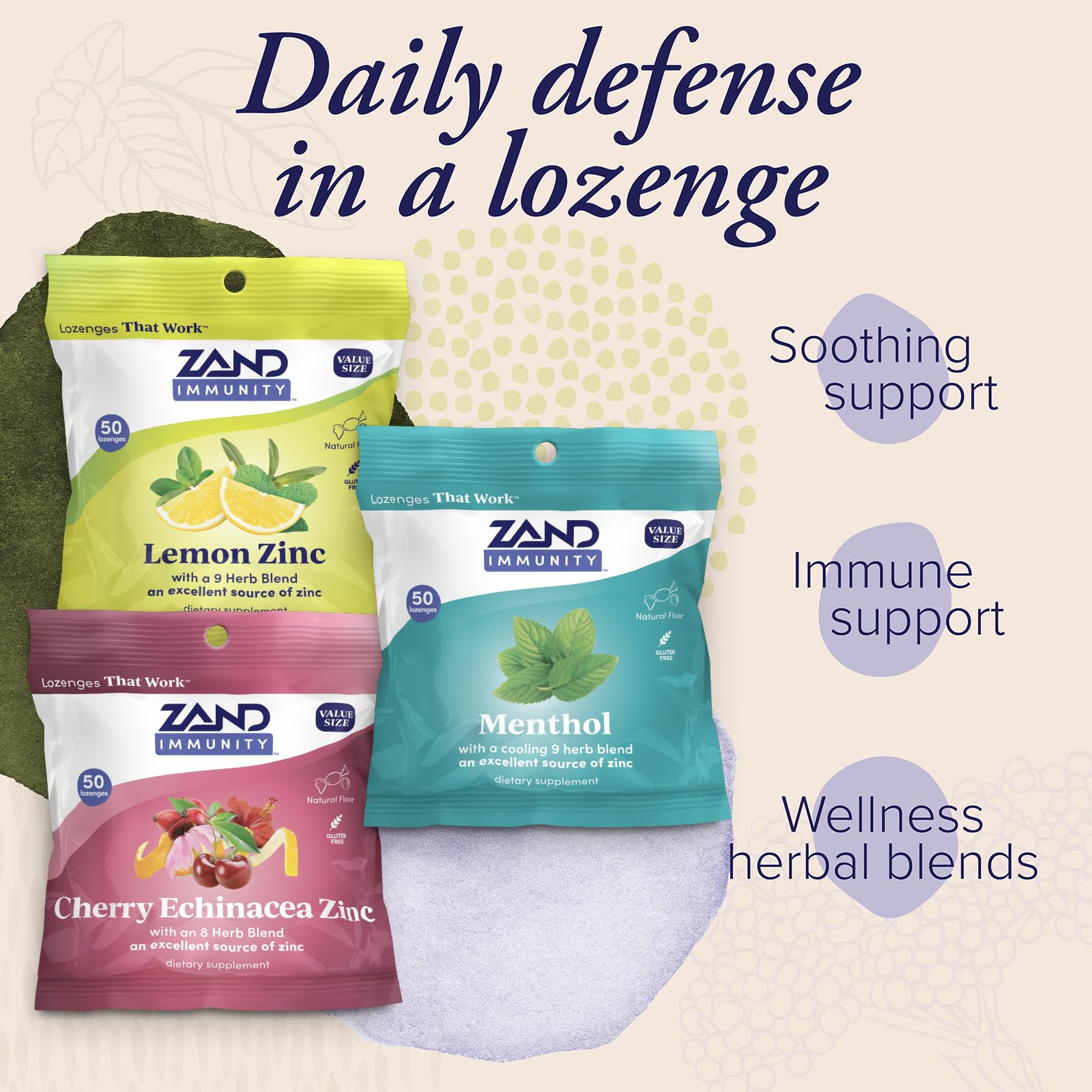 ZAND Immunity Variety 3 Pack: Lemon Zinc, Menthol & Cherry Echinacea Lozenges