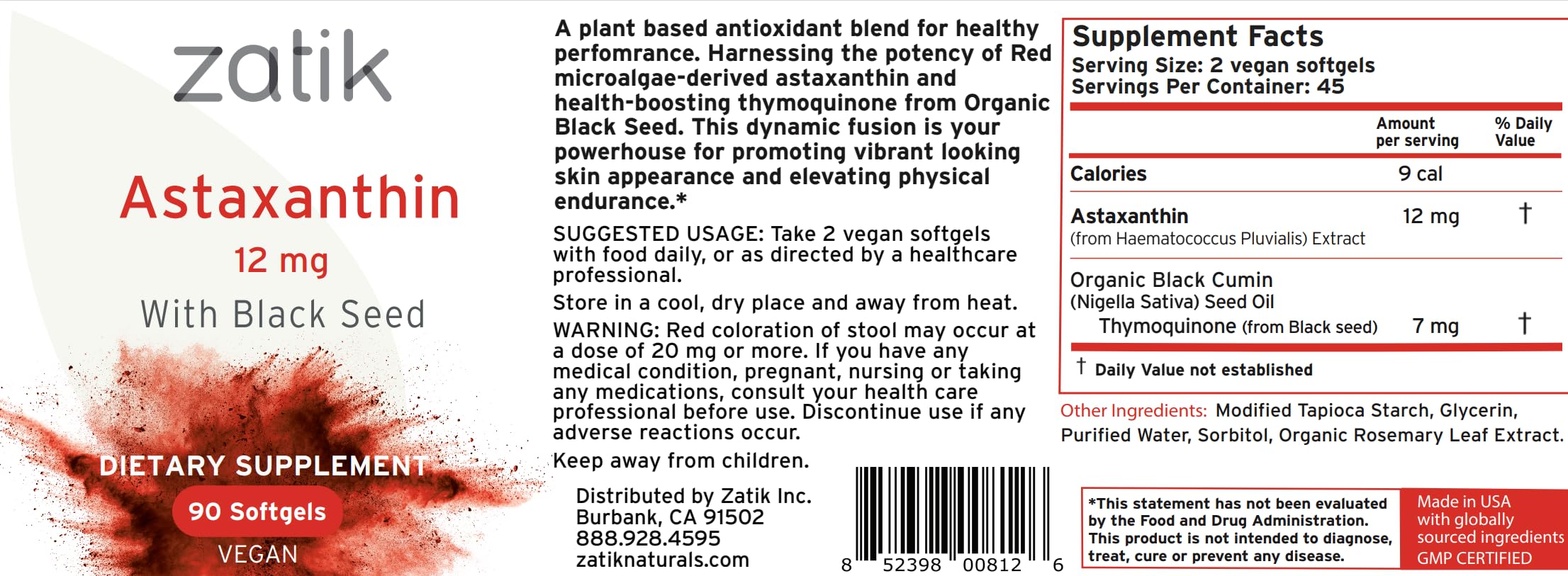 Zatik Naturals - Astaxanthin 12mg with Organic Black Seed | 90 Vegan Softgels