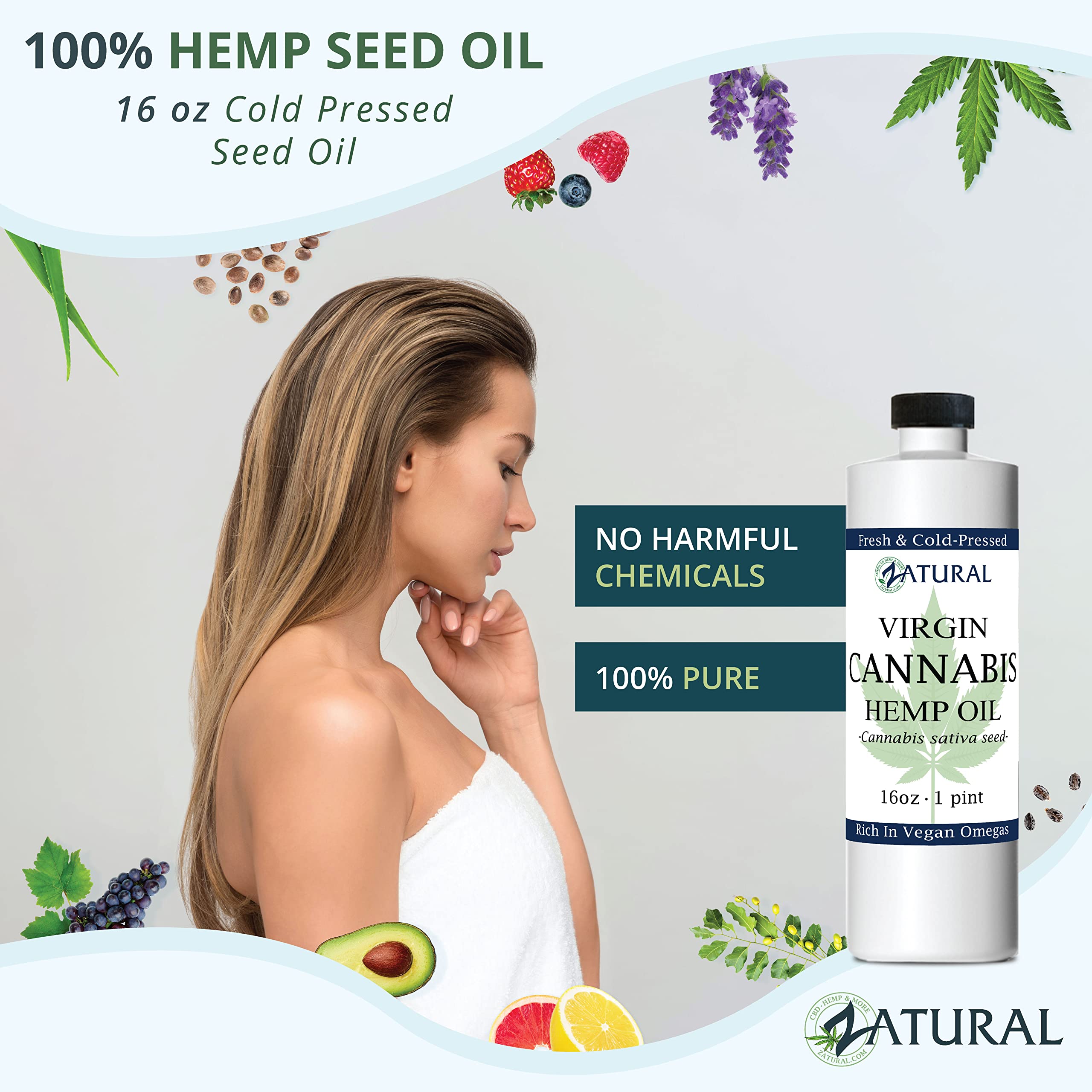 Zatural Hemp Oil 16 oz - Cold Pressed, 455,000mg, Omega 3 & 6, No Fillers | Therapeutic Grade