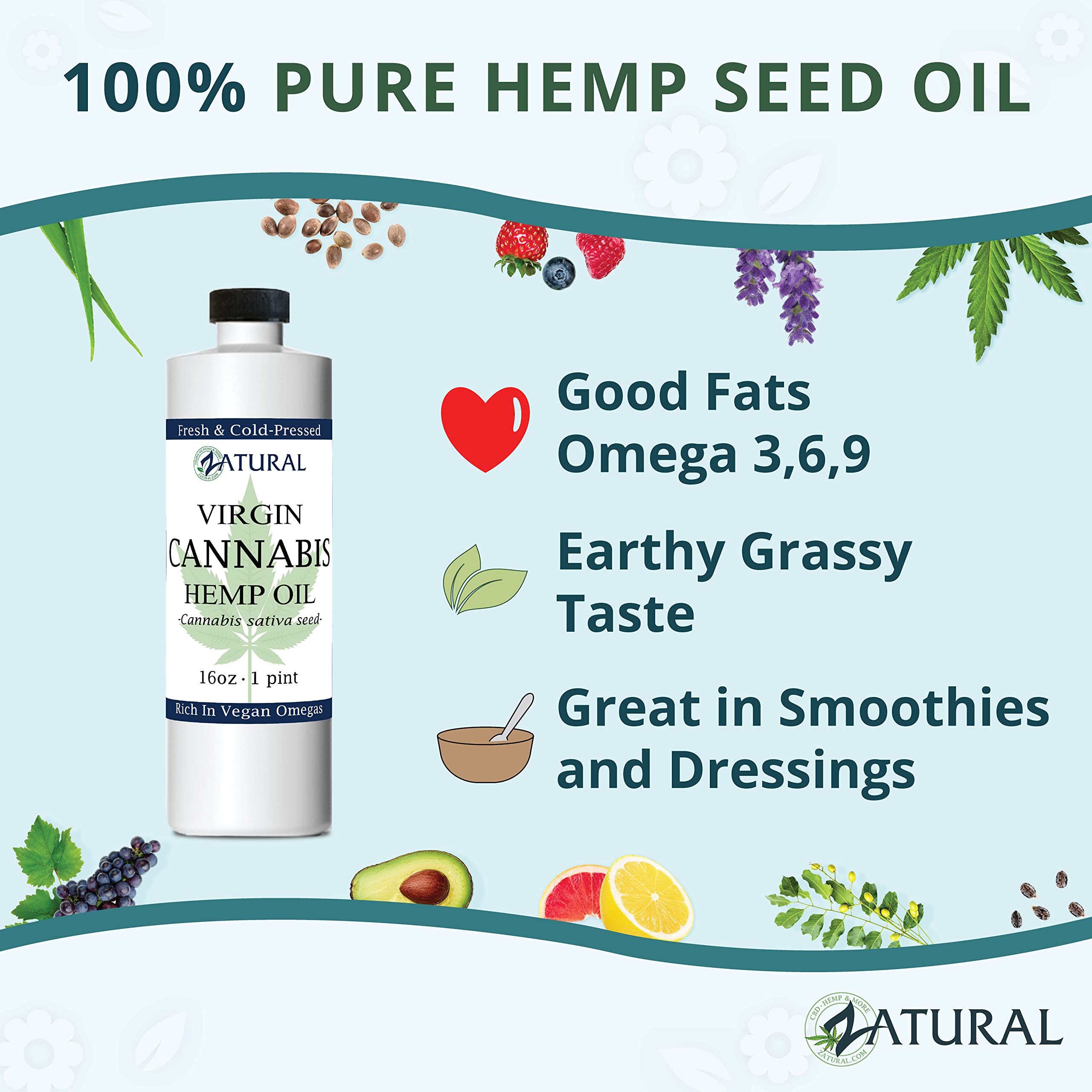 Zatural Hemp Oil 16 oz - Cold Pressed, 455,000mg, Omega 3 & 6, No Fillers | Therapeutic Grade