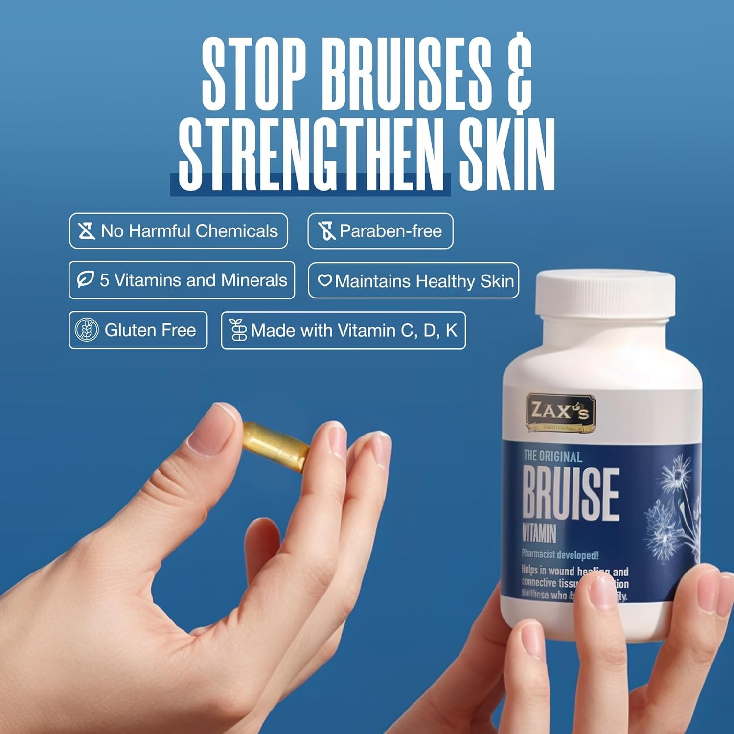 Zax's Original Bruise Vitamin 2-Pack – Pharmacist-Developed Bruising Supplements with Zinc, Vitamins C, D3, K | 120 Caps