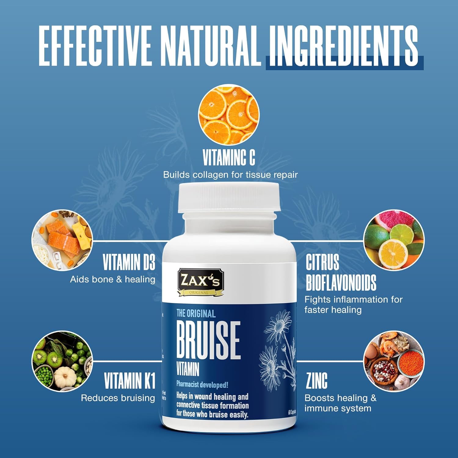 Zax's Original Bruise Vitamin 2-Pack – Pharmacist-Developed Bruising Supplements with Zinc, Vitamins C, D3, K | 120 Caps