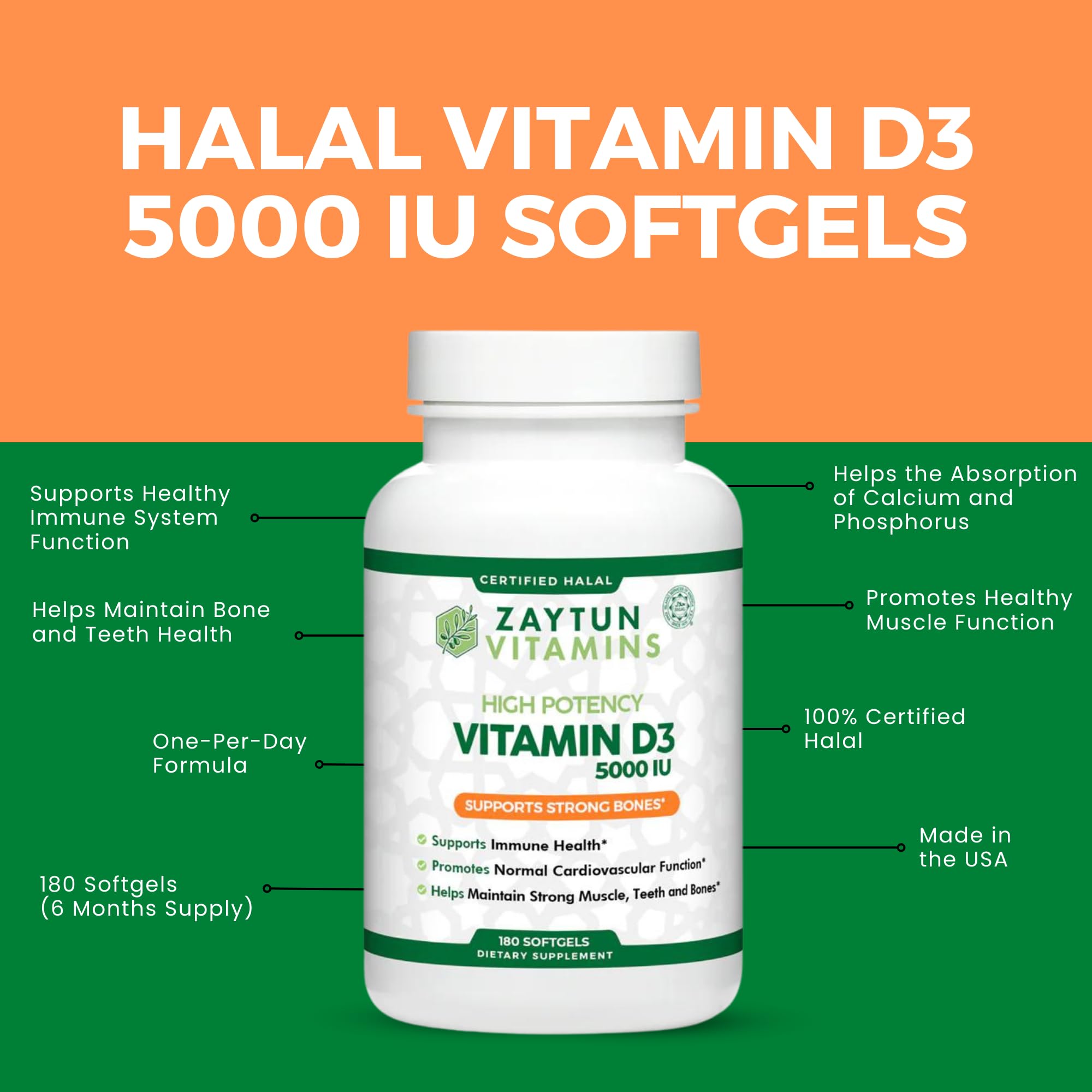 Zaytun Halal Vitamin D3 5000 IU – 180 Mini Softgels | Supports Bones & Immune Health | Made in USA