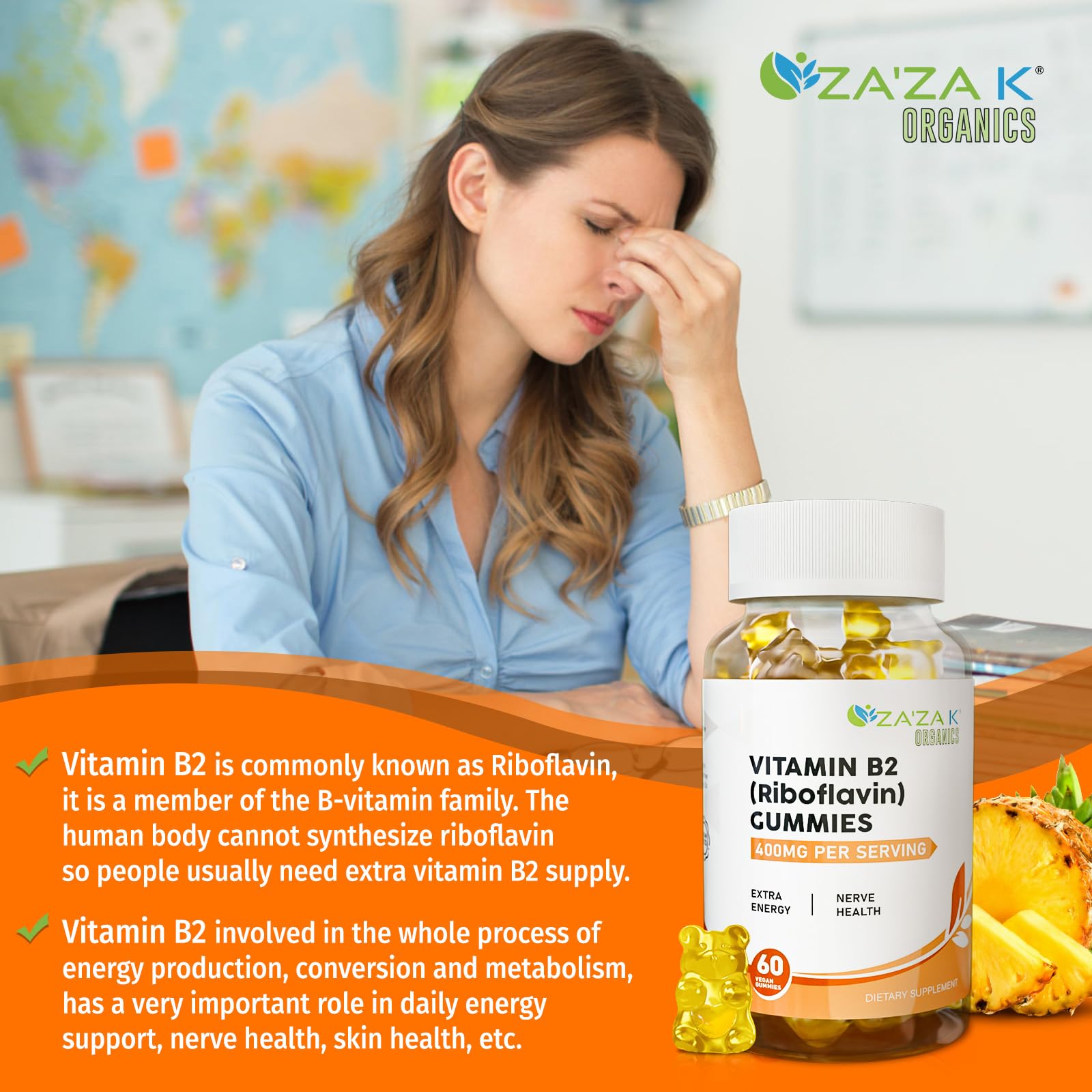 ZA'ZA K ORGANICS Vitamin B2 Gummies - Riboflavin 400 mg (60 Gummies) | Vegan