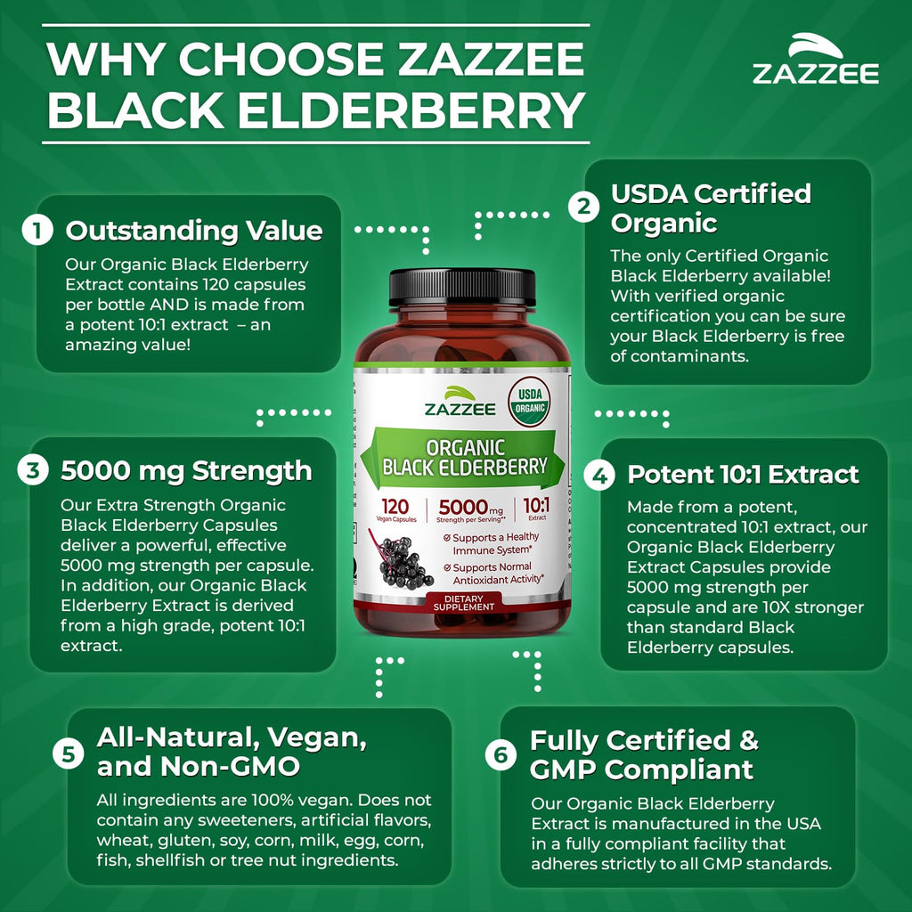 Zazzee USDA Organic Black Elderberry 10:1 Extract – 5000 mg, 120 Capsules