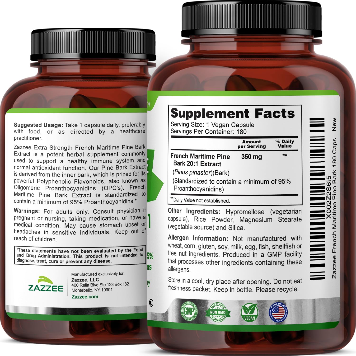 Zazzee Extra Strength French Maritime Pine Bark Extract 20:1 – 350 mg per Capsule, 180 Vegan Capsules