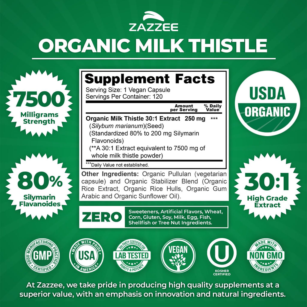 Zazzee USDA Organic Milk Thistle 30:1 Extract - 7500 mg, 120 Veg Capsules