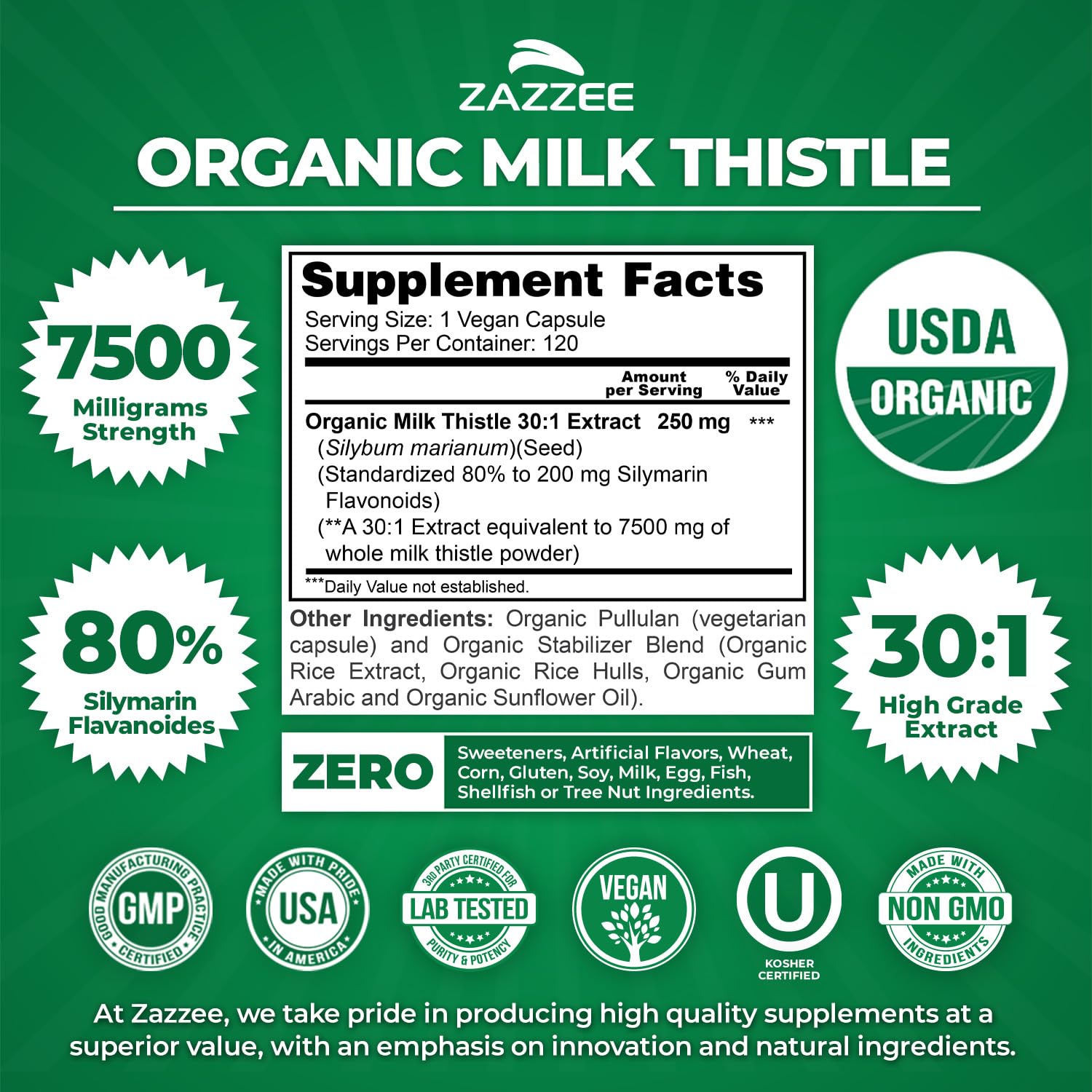Zazzee USDA Organic Milk Thistle 30:1 Extract - 7500 mg, 120 Veg Capsules