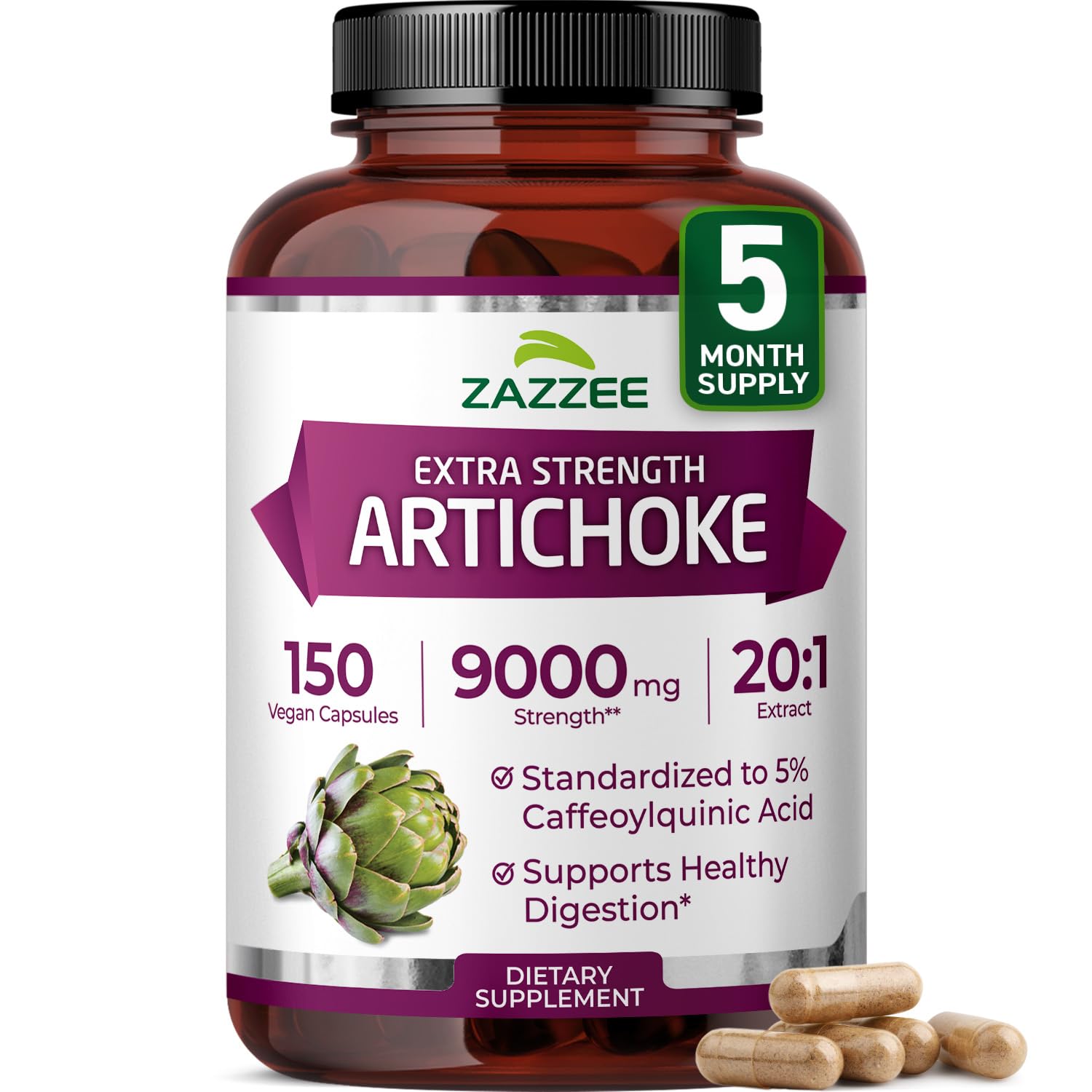 Zazzee Extra Strength Artichoke 20:1 Extract – 9000 mg per Capsule, 150 Vegan Capsules