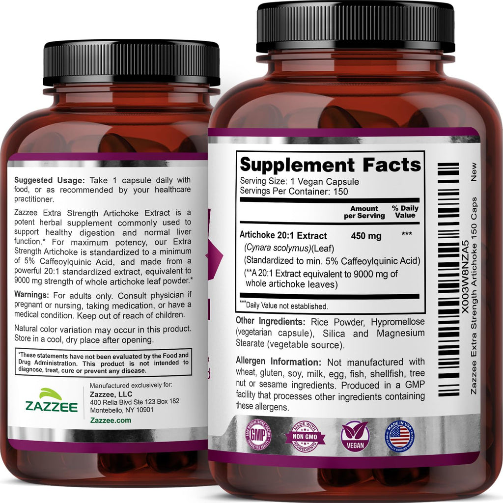 Zazzee Extra Strength Artichoke 20:1 Extract – 9000 mg per Capsule, 150 Vegan Capsules