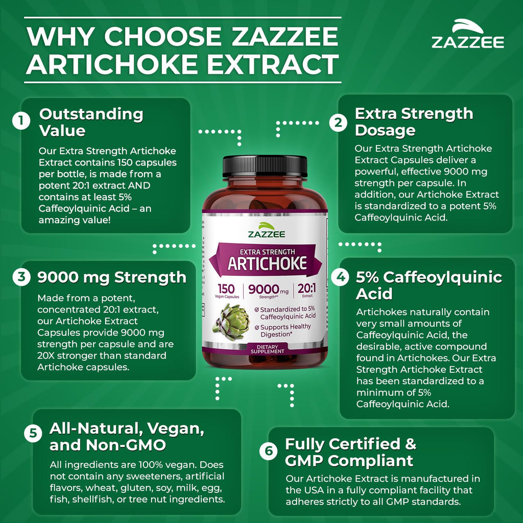 Zazzee Extra Strength Artichoke 20:1 Extract – 9000 mg per Capsule, 150 Vegan Capsules
