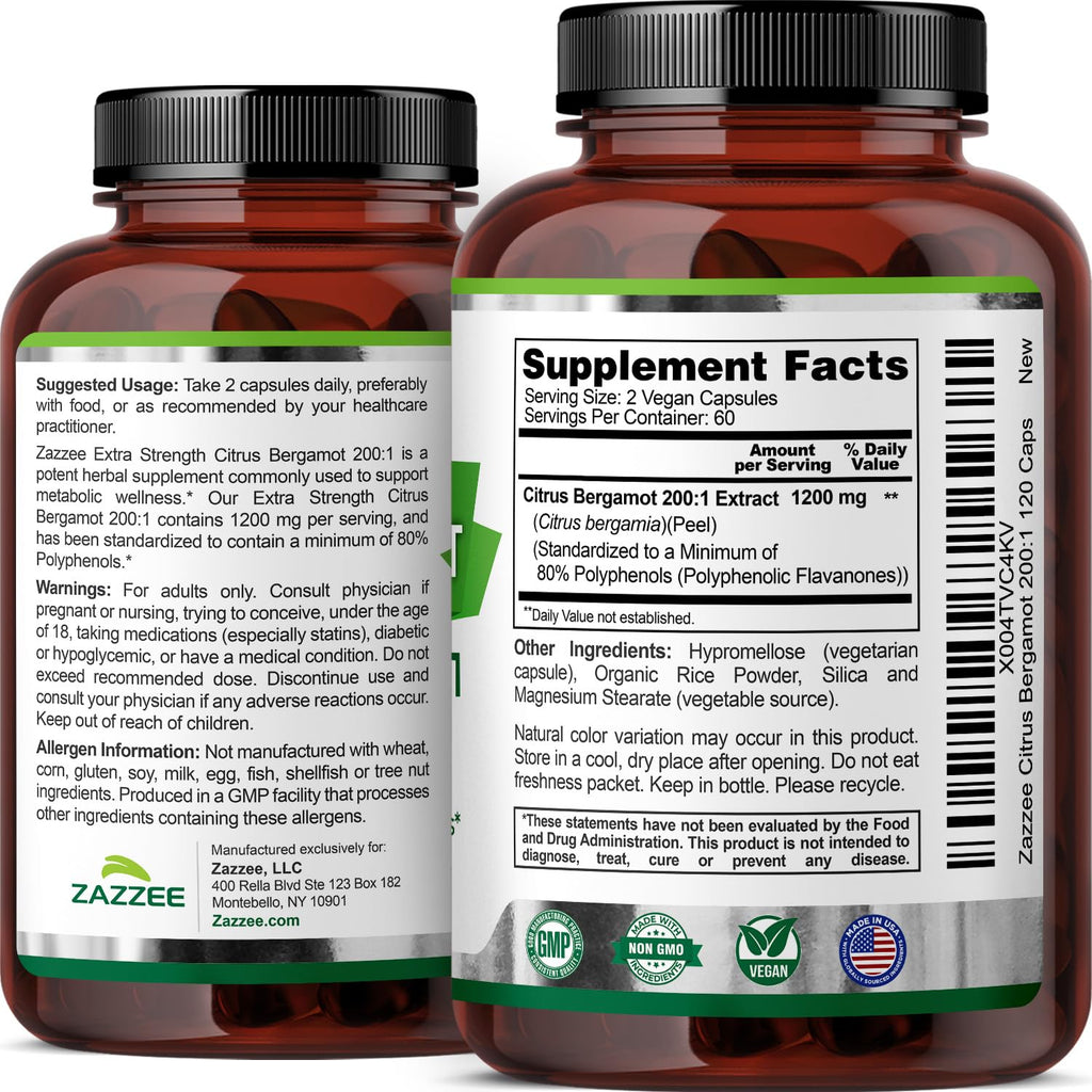 Zazzee Extra Strength Citrus Bergamot 200:1 Extract 1200 mg, 80% Polyphenols, 120 Vegan Capsules, Made in The USA