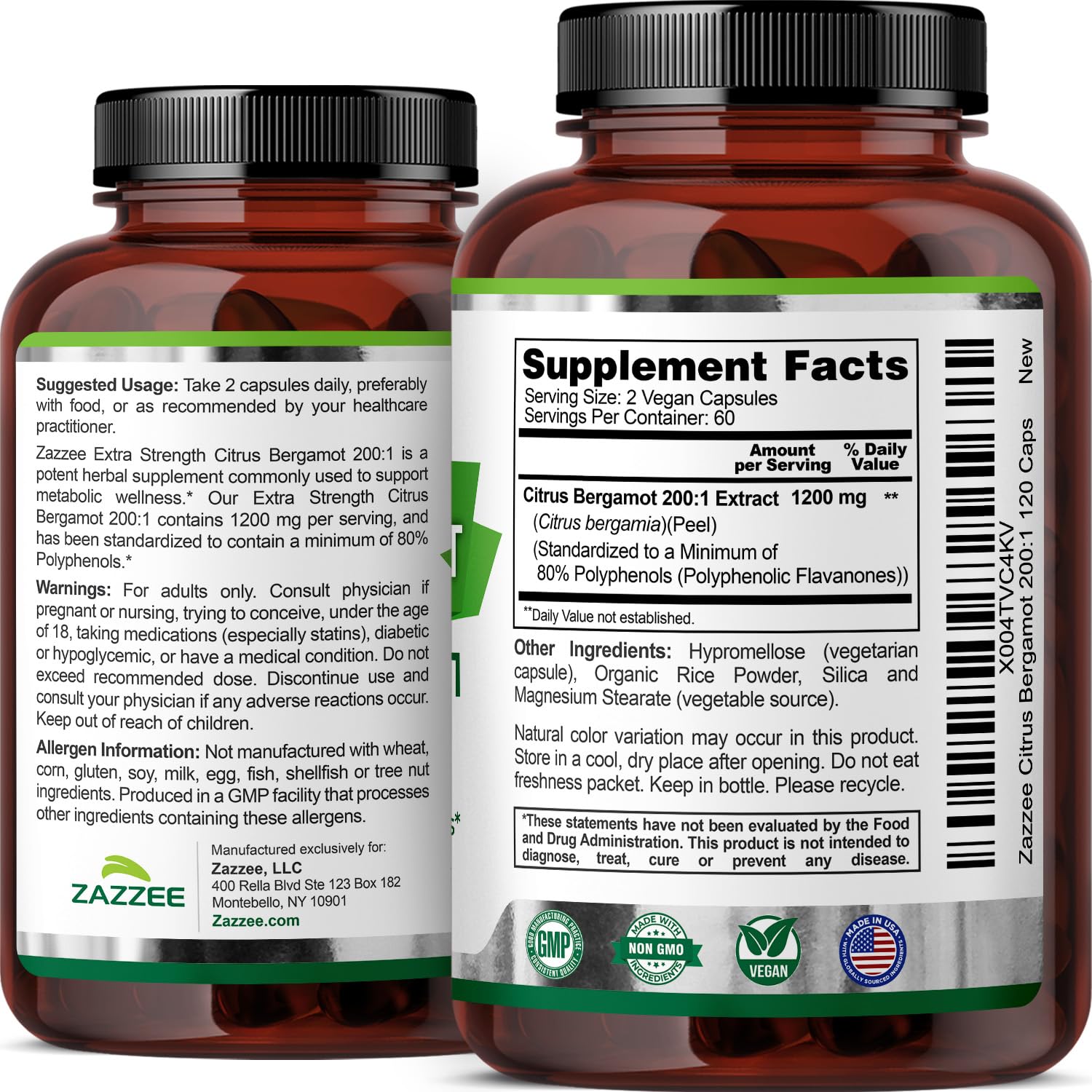 Zazzee Extra Strength Citrus Bergamot 200:1 Extract 1200 mg, 80% Polyphenols, 120 Vegan Capsules, Made in The USA