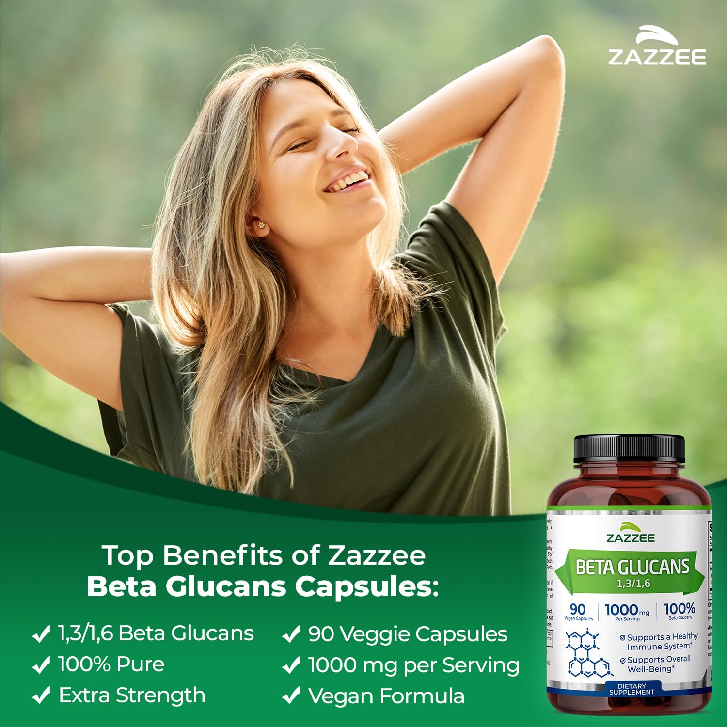 Zazzee Extra Strength Beta Glucans 1000 mg | 90 Vegan Capsules | Immune Support
