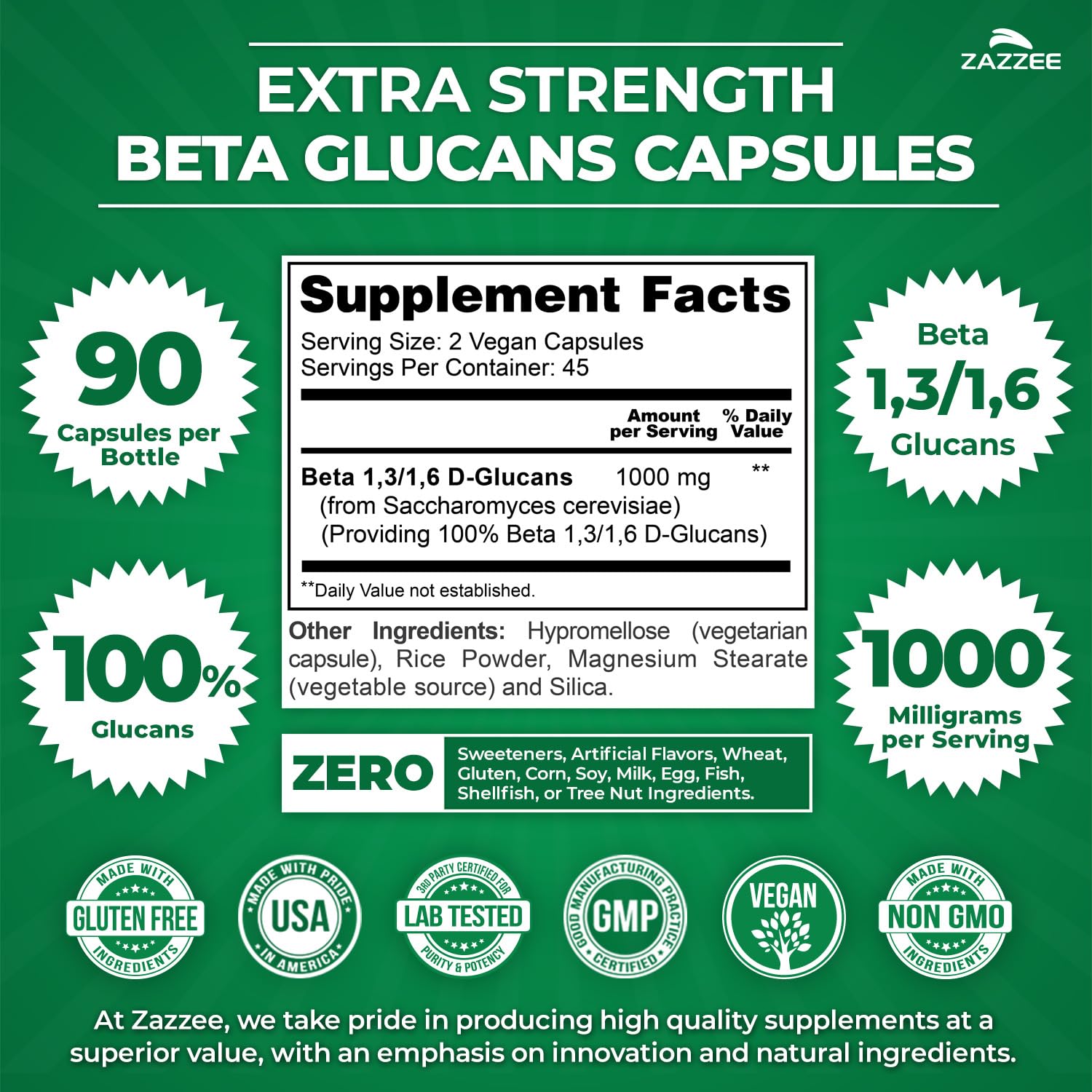 Zazzee Extra Strength Beta Glucans 1000 mg | 90 Vegan Capsules | Immune Support