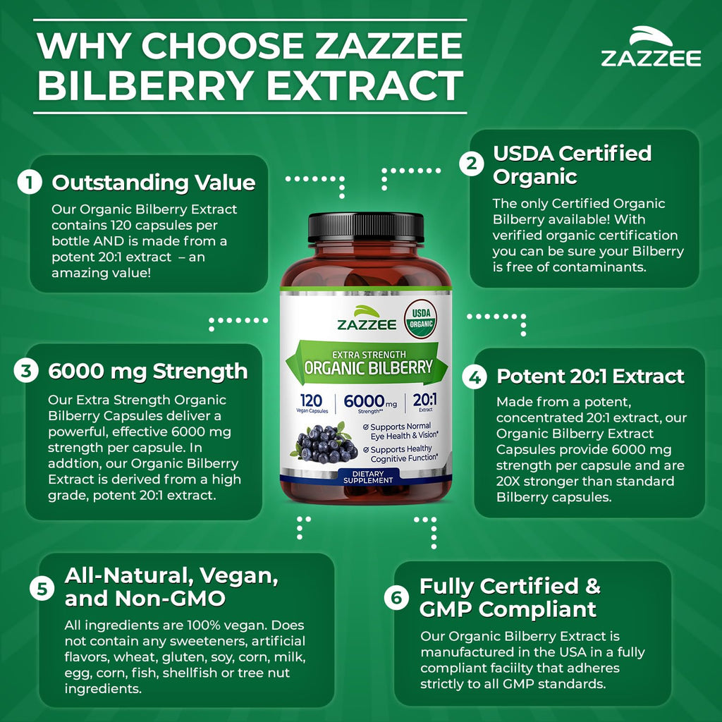 Zazzee USDA Organic Bilberry 20:1 Extract – 6000 mg, 120 Vegan Capsules, 4 Month Supply
