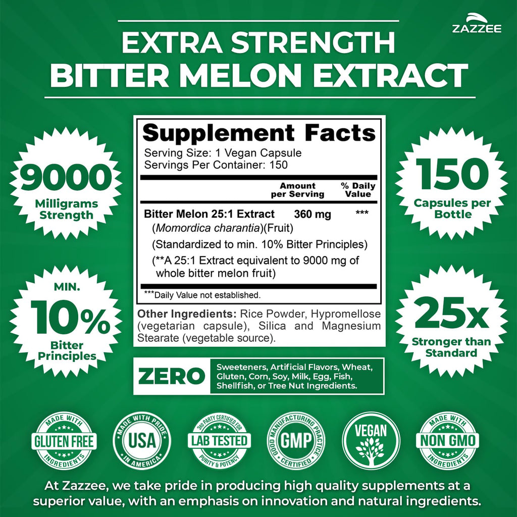 Zazzee Extra Strength Bitter Melon 25:1 Extract – 9000 mg, 10% Bitter Principles, 150 Vegan Capsules, 25X Standardized, Non-GMO