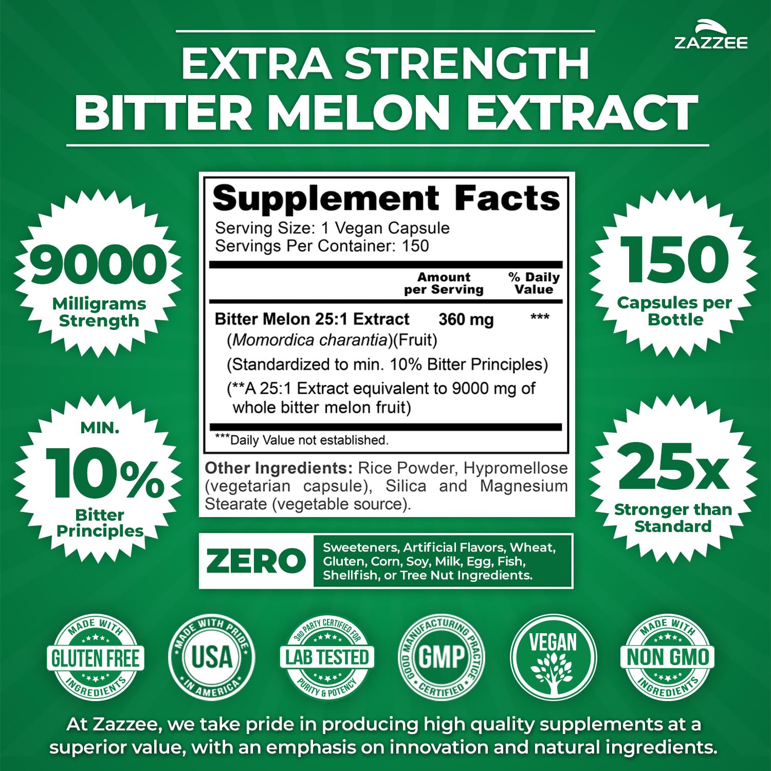 Zazzee Extra Strength Bitter Melon 25:1 Extract – 9000 mg, 10% Bitter Principles, 150 Vegan Capsules, 25X Standardized, Non-GMO