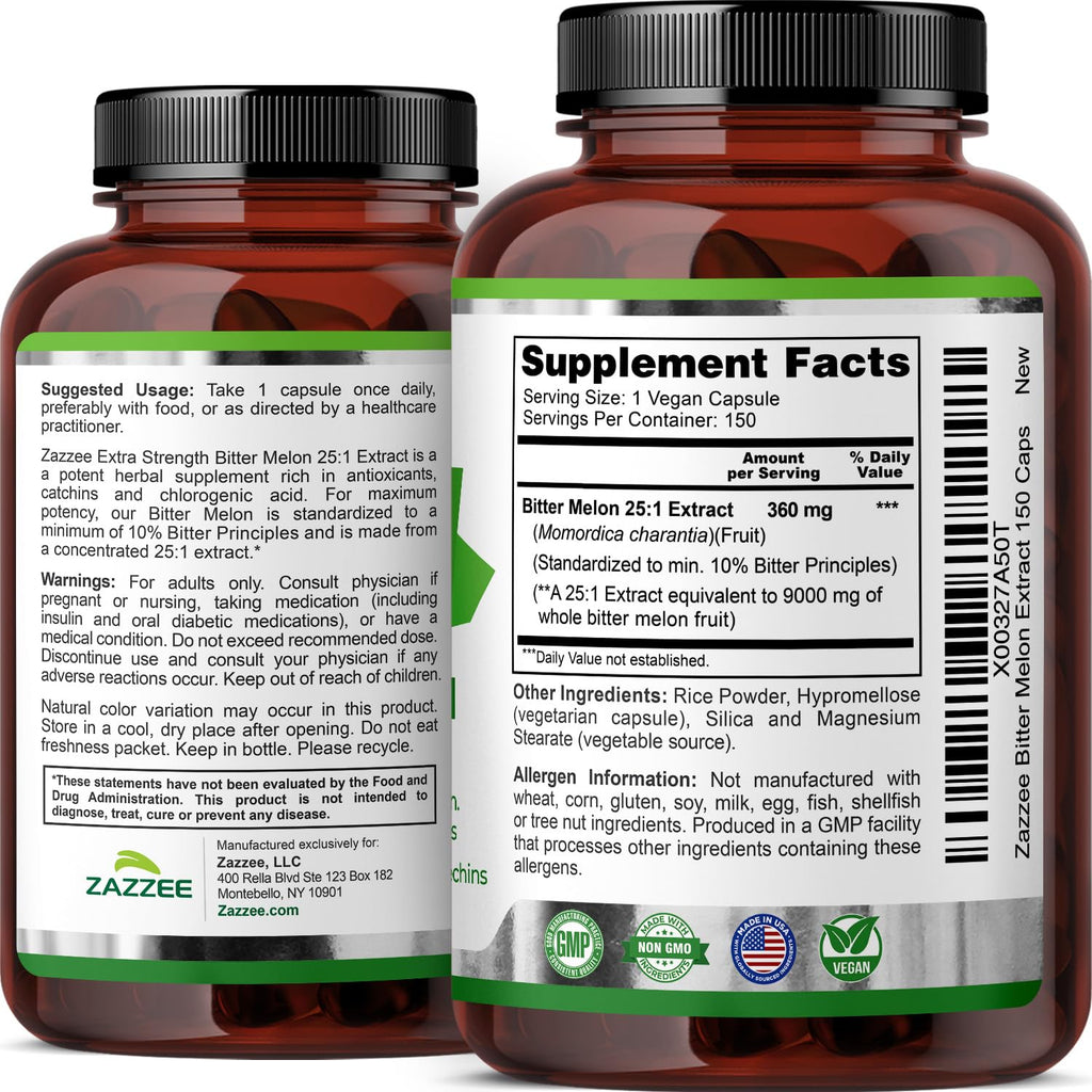 Zazzee Extra Strength Bitter Melon 25:1 Extract – 9000 mg, 10% Bitter Principles, 150 Vegan Capsules, 25X Standardized, Non-GMO