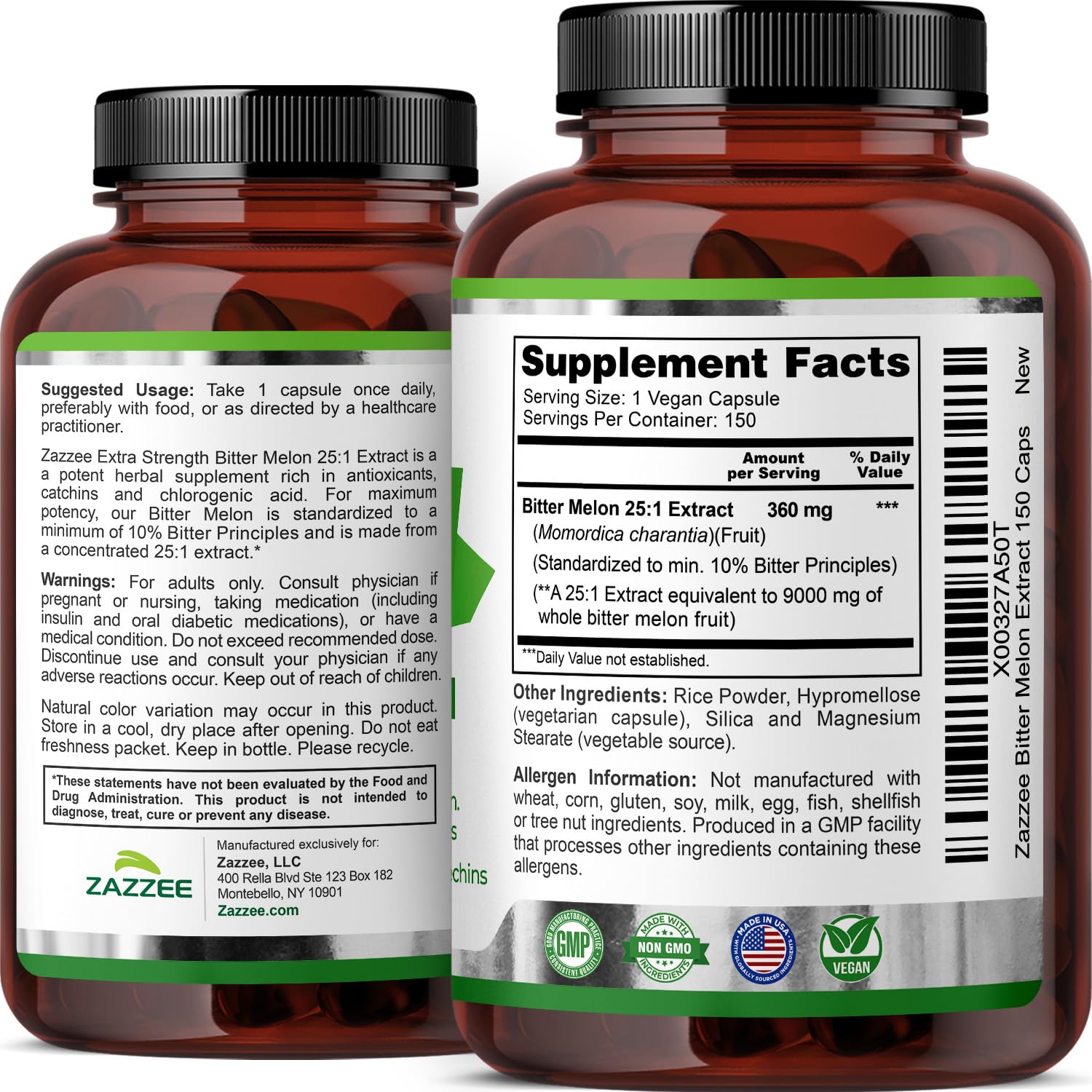 Zazzee Extra Strength Bitter Melon 25:1 Extract – 9000 mg, 10% Bitter Principles, 150 Vegan Capsules, 25X Standardized, Non-GMO