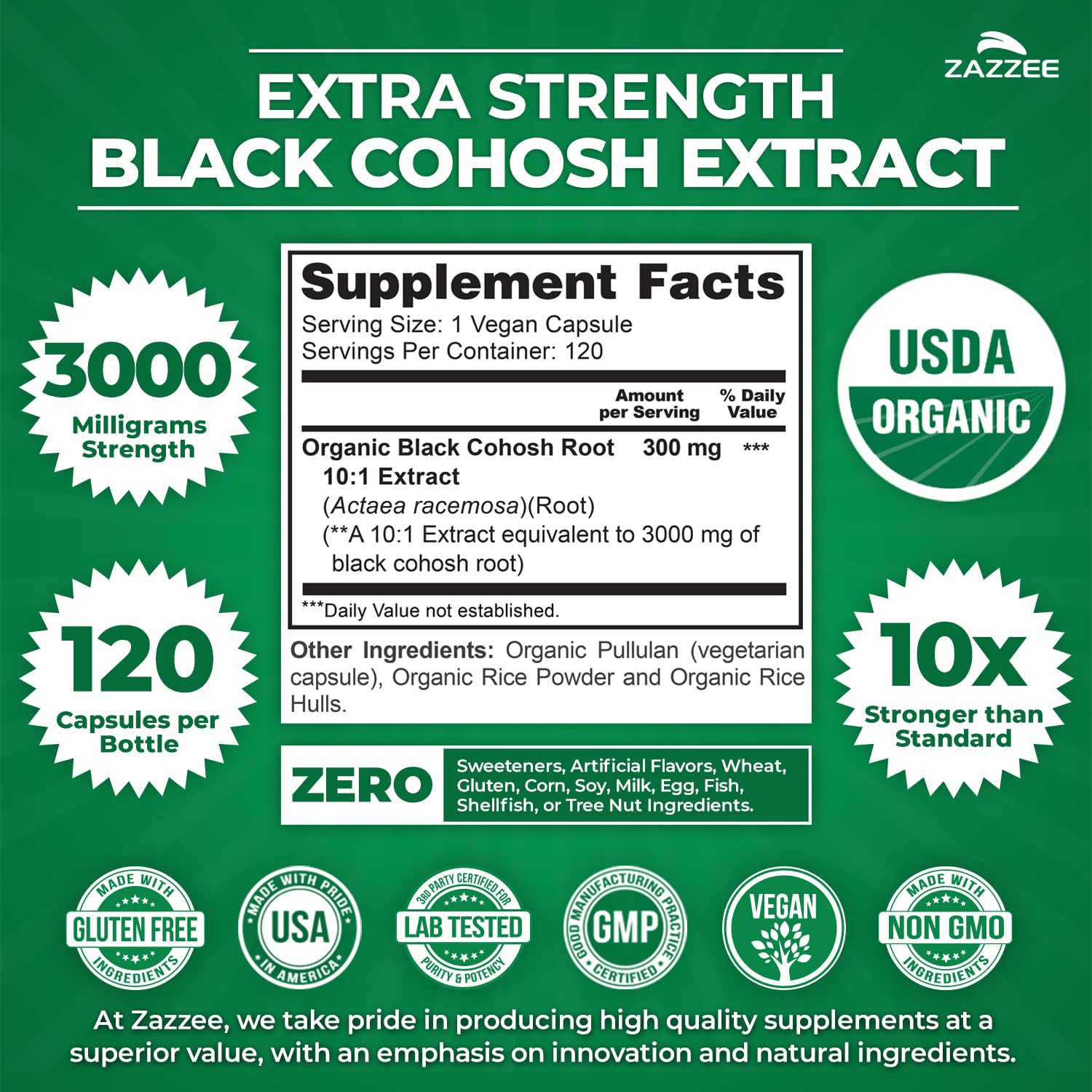 Zazzee USDA Organic Black Cohosh 10:1 Extract – 3000 mg Strength, 120 Capsules, 4 Month Supply | Made in USA