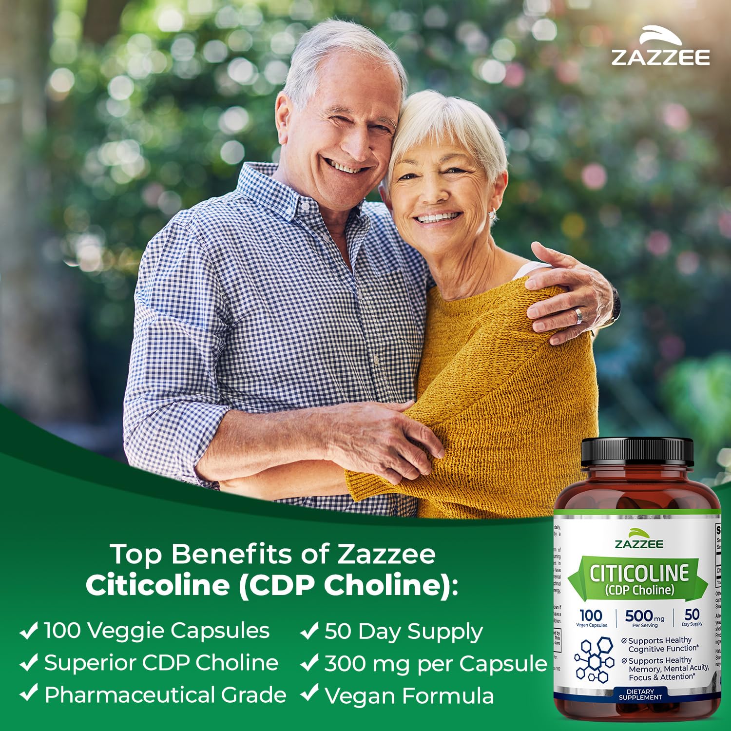 Zazzee Extra Strength Citicoline 500 mg – 100 Vegan Capsules | CDP Choline