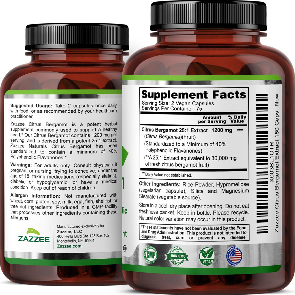 Zazzee Citrus Bergamot 25:1 Extract – 1200 mg, 150 Vegan Capsules, Kosher & Non-GMO, Made in USA