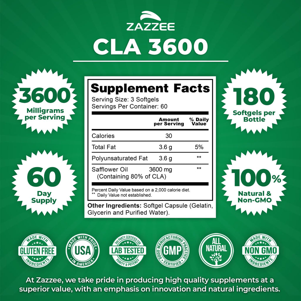 Zazzee High Potency CLA 3600 - 180 Softgels, 60 Day Supply, Non-GMO, Made in USA