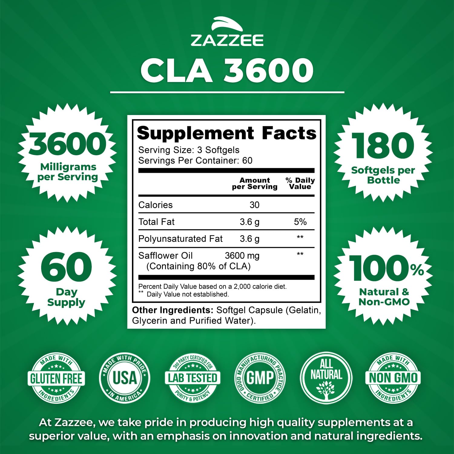 Zazzee High Potency CLA 3600 - 180 Softgels, 60 Day Supply, Non-GMO, Made in USA