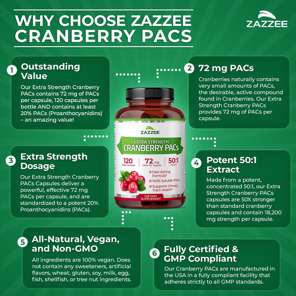 Zazzee Cranberry PACs – 72 mg per Capsule, 2x Strength, 120 Vegan Capsules, 50:1 Extract, Made in USA