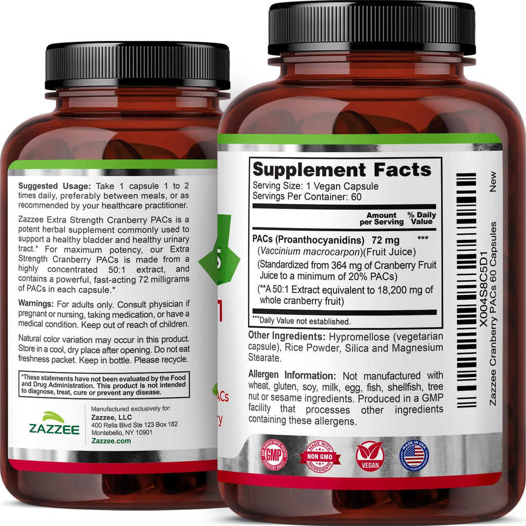 Zazzee Cranberry PACs - 72 mg PACs per Capsule, 2X Strength, 60 Vegan Capsules, 50:1 Extract, Made in USA