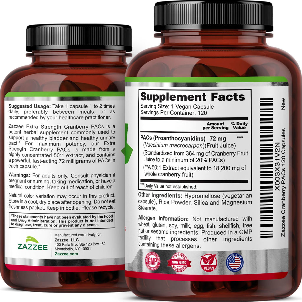 Zazzee Cranberry PACs – 72 mg per Capsule, 2x Strength, 120 Vegan Capsules, 50:1 Extract, Made in USA