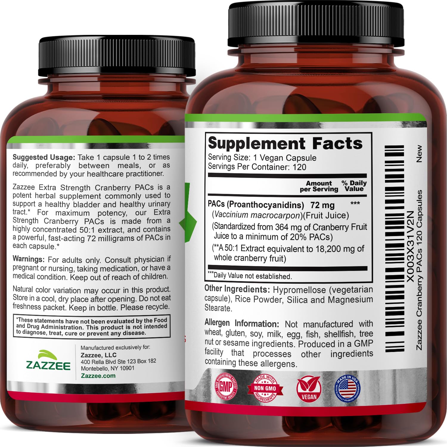 Zazzee Cranberry PACs – 72 mg per Capsule, 2x Strength, 120 Vegan Capsules, 50:1 Extract, Made in USA