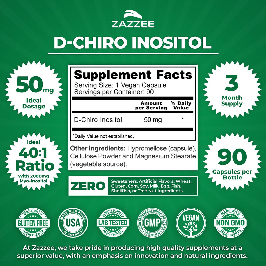 Zazzee D-Chiro-Inositol 50 mg per Capsule | 90 Vegan Capsules | 40:1 Ratio with Myo-Inositol