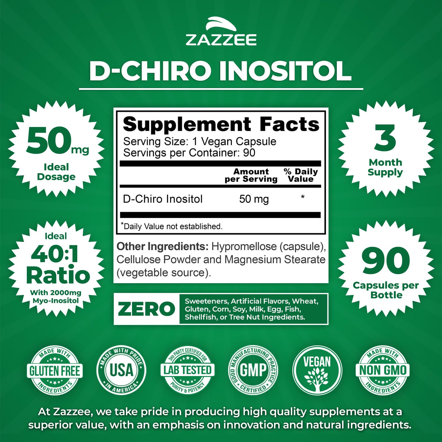 Zazzee D-Chiro-Inositol 50 mg per Capsule | 90 Vegan Capsules | 40:1 Ratio with Myo-Inositol