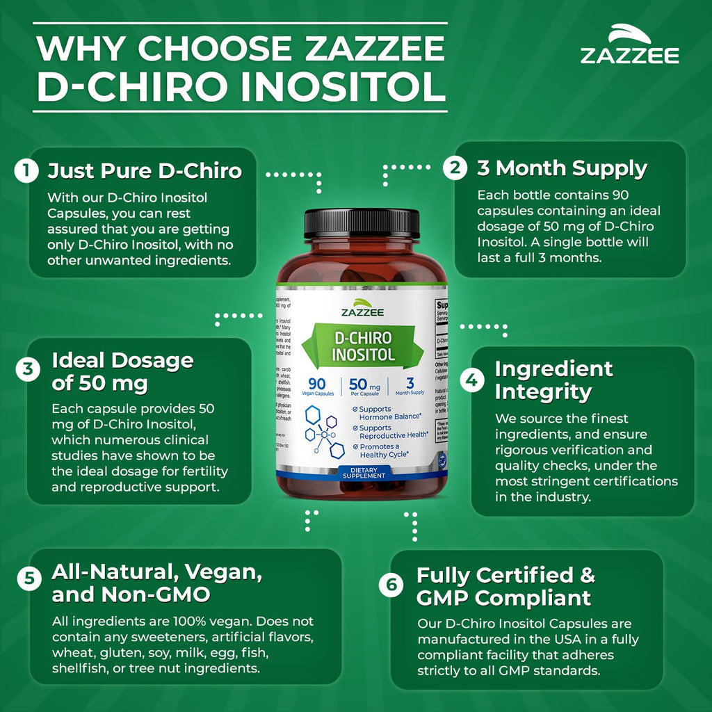 Zazzee D-Chiro-Inositol 50 mg per Capsule | 90 Vegan Capsules | 40:1 Ratio with Myo-Inositol