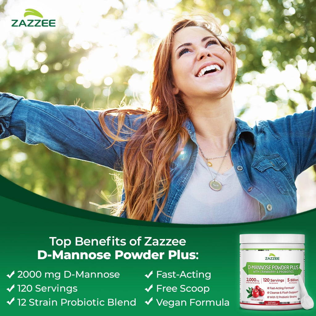 Zazzee D-Mannose Powder Plus with Probiotics & Cranberry Juice Extract | 2000 mg, 120 Servings