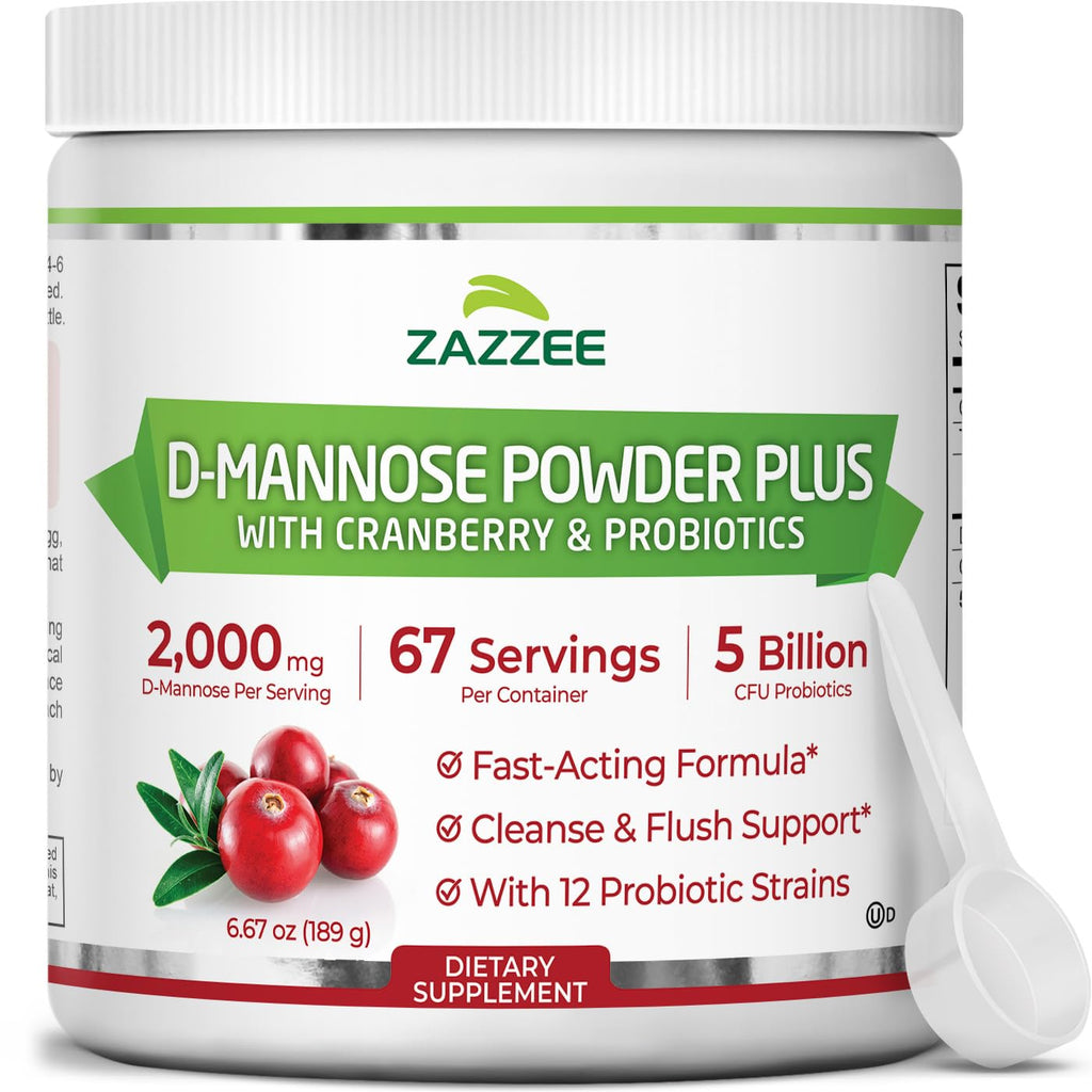 Zazzee D-Mannose Powder Plus 2000 mg | 67 Servings | Probiotics + Cranberry Extract | Kosher, Gluten-Free, Non-GMO