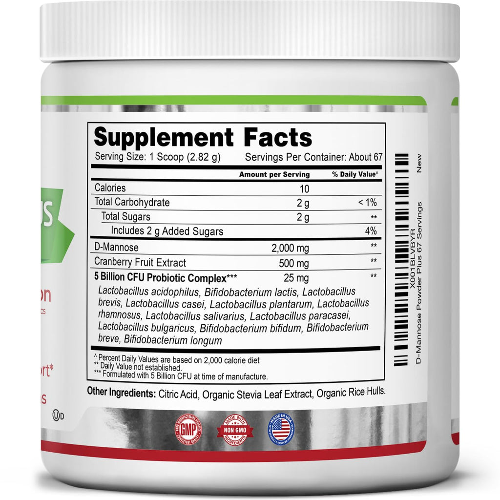 Zazzee D-Mannose Powder Plus 2000 mg | 67 Servings | Probiotics + Cranberry Extract | Kosher, Gluten-Free, Non-GMO
